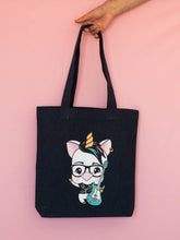 Cargar imagen en el visor de la galería, Tote bag azul de algodón unicornio Lolo rockero