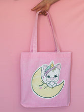 Cargar imagen en el visor de la galería, Tote bag rosa de algodón unicornio Aduchis media luna purpurina