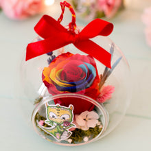 Cargar imagen en el visor de la galería, Rosa ARCO IRIS preservada bola 12 cm "Yo amo a mi dragón"